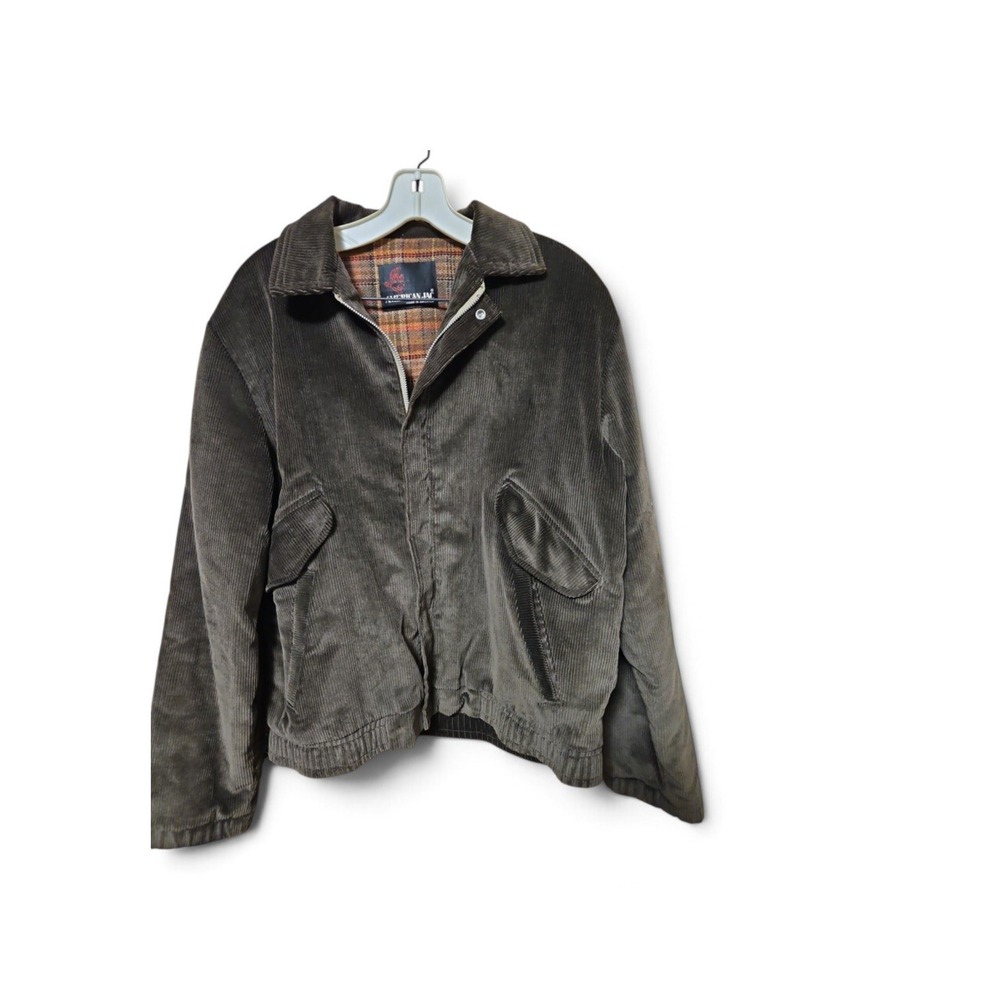 Vintage American Jac Corduroy Bomber Jacket Plaid Lined Workwear Olive Grey L